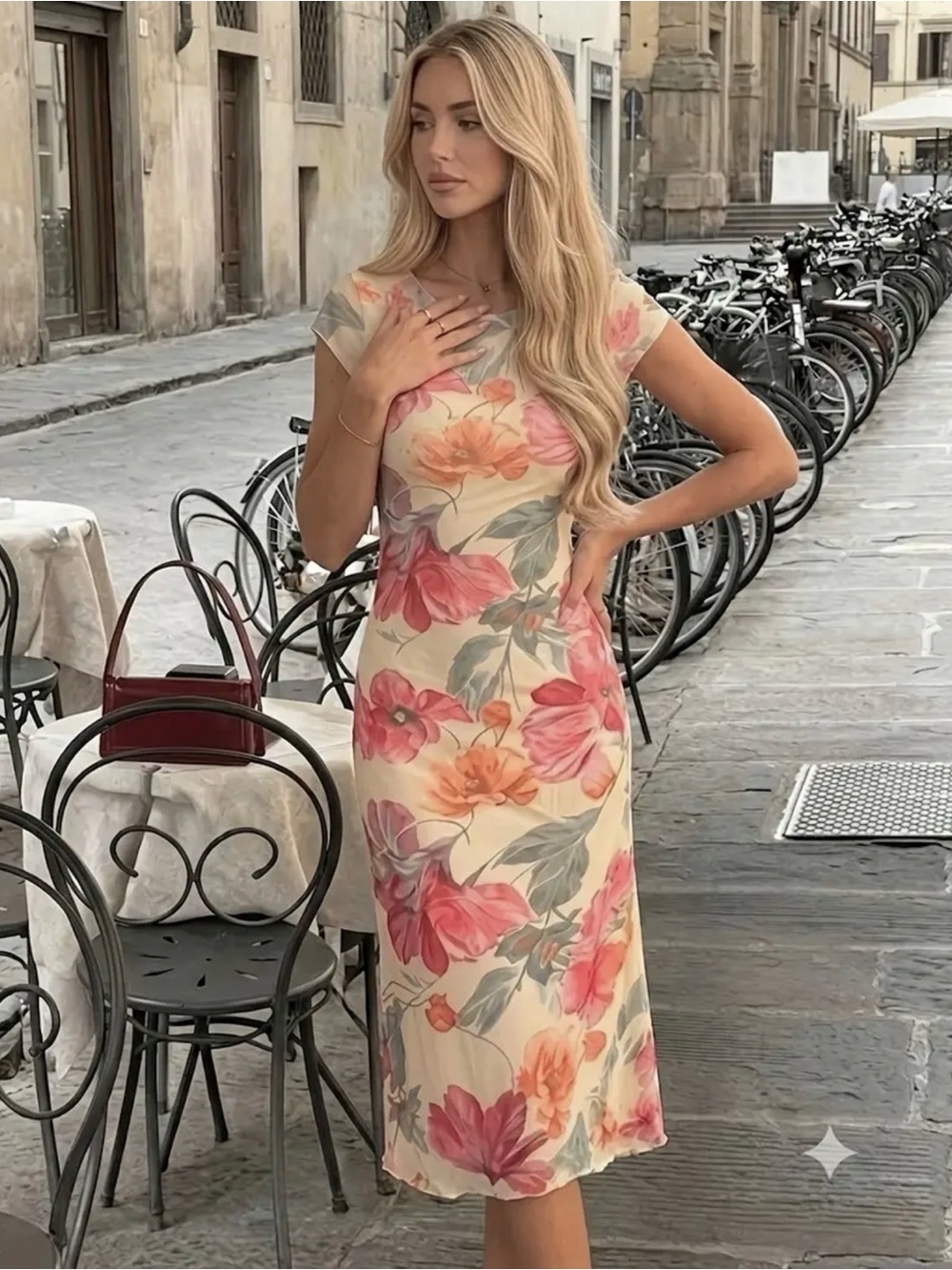 SHEIN Cream Midi Dress with Pink & Orange Floral Print